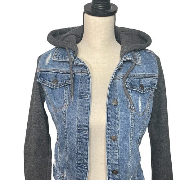 Hollister Blue Grey Distressed Hooded Denim Jean Jacket Size S Small - Picture 4 of 14